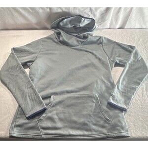 Columbia Women's XL Striped Fleece Hoodie Gray White Pullover Thumb Holes